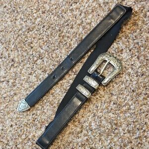 Black Western Leather Belt with Ornate Silver Buckle